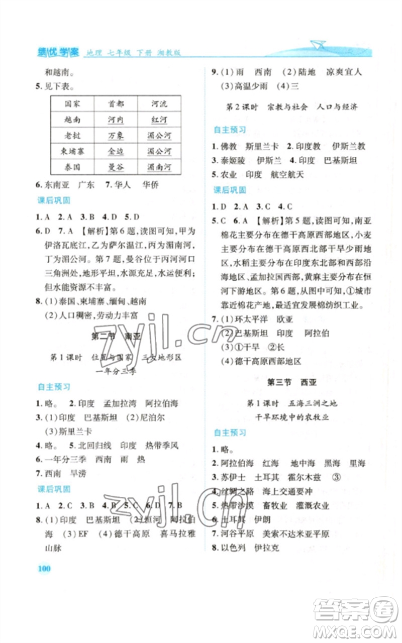 陜西師范大學(xué)出版總社2023績(jī)優(yōu)學(xué)案七年級(jí)地理下冊(cè)湘教版參考答案