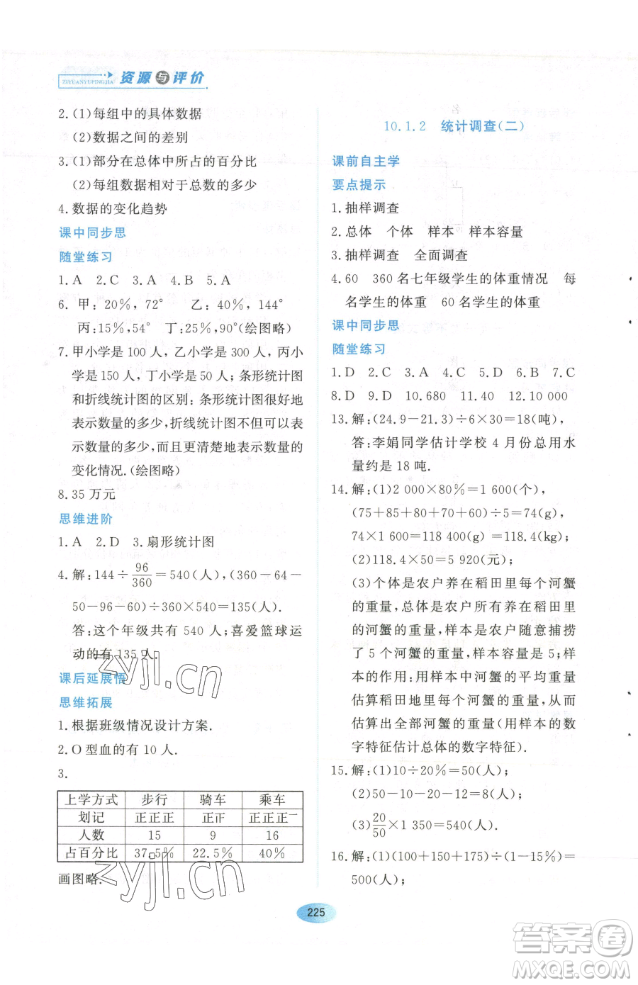 黑龍江教育出版社2023資源與評價七年級下冊數(shù)學(xué)人教版參考答案