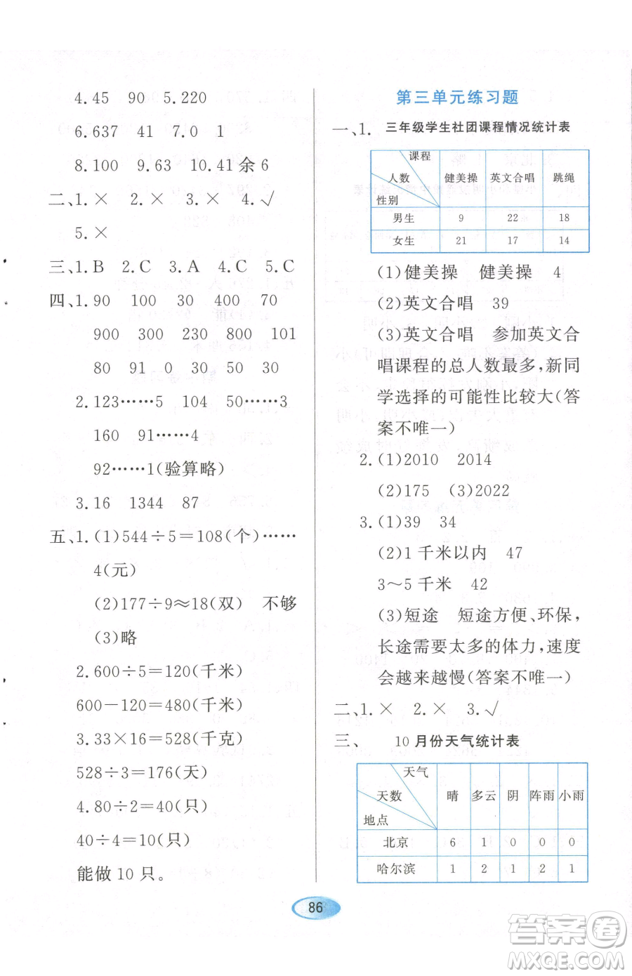 黑龍江教育出版社2023資源與評(píng)價(jià)三年級(jí)下冊(cè)數(shù)學(xué)人教版參考答案