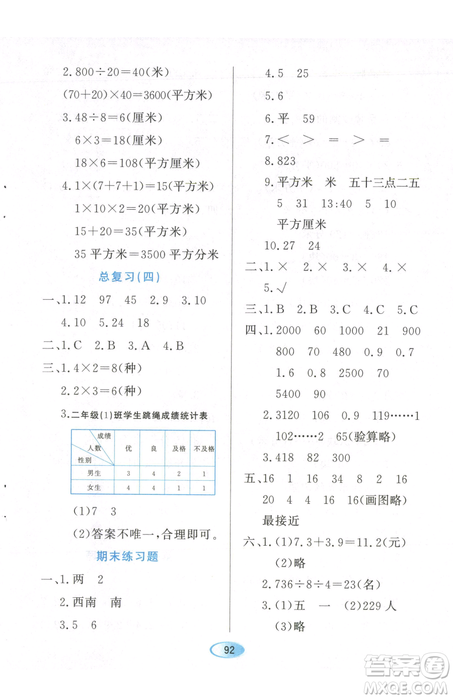 黑龍江教育出版社2023資源與評(píng)價(jià)三年級(jí)下冊(cè)數(shù)學(xué)人教版參考答案