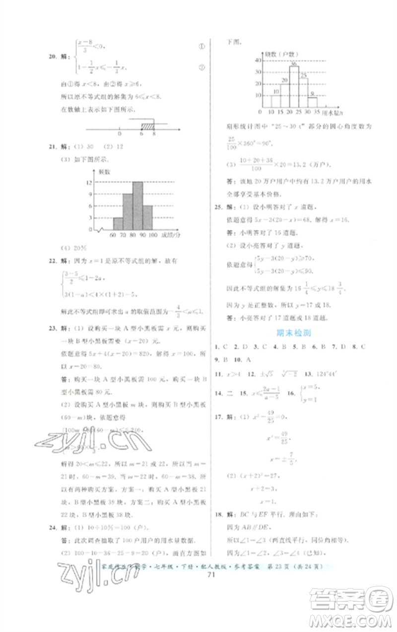 貴州科技出版社2023家庭作業(yè)七年級數(shù)學(xué)下冊人教版參考答案