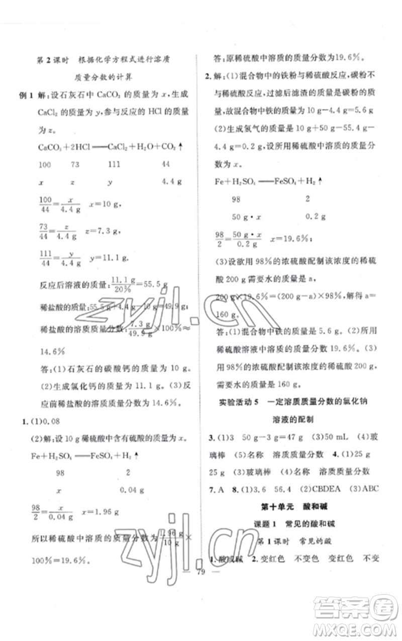 長江少年兒童出版社2023優(yōu)質(zhì)課堂導(dǎo)學(xué)案B課后作業(yè)九年級化學(xué)下冊人教版參考答案