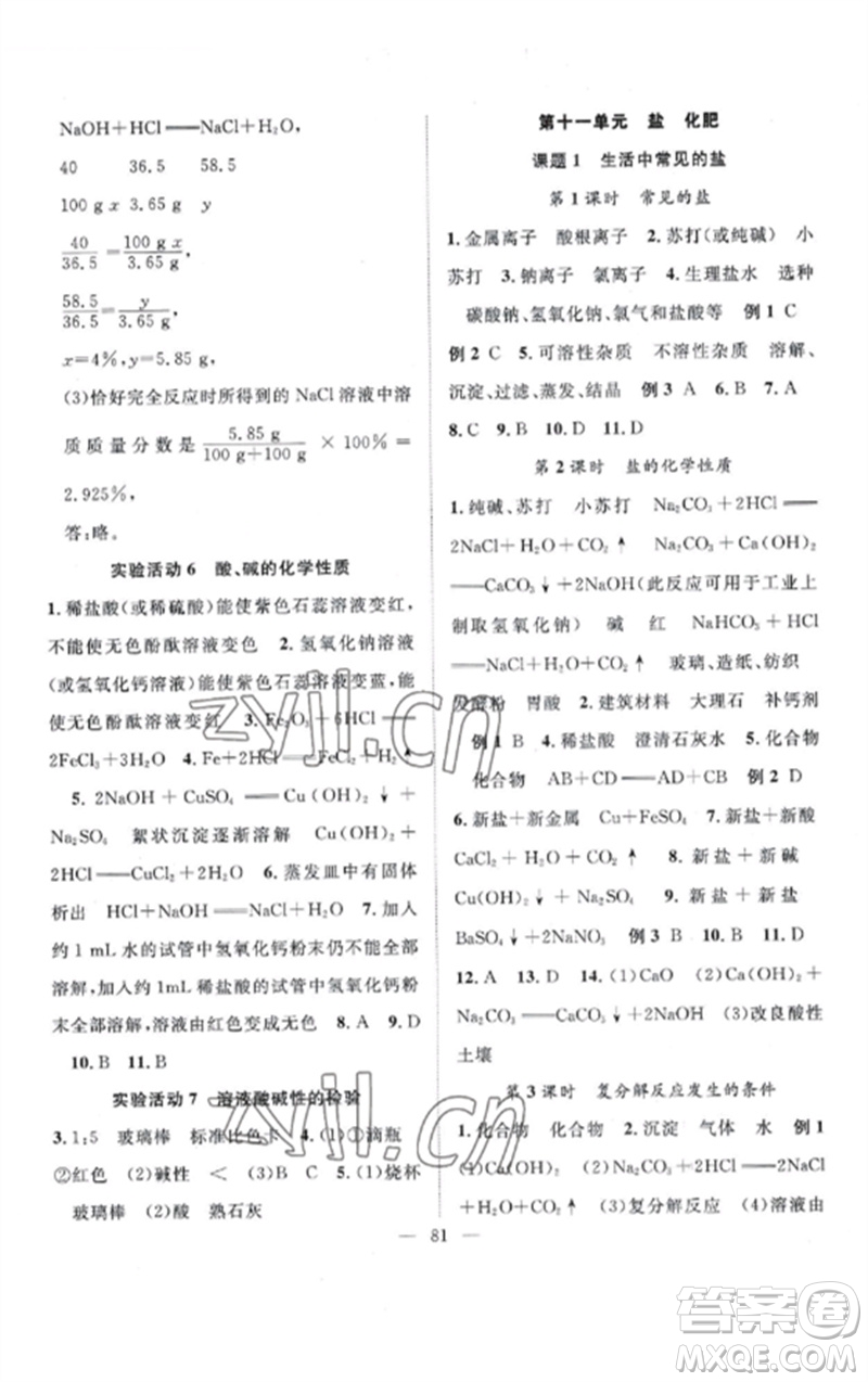 長江少年兒童出版社2023優(yōu)質(zhì)課堂導(dǎo)學(xué)案B課后作業(yè)九年級化學(xué)下冊人教版參考答案