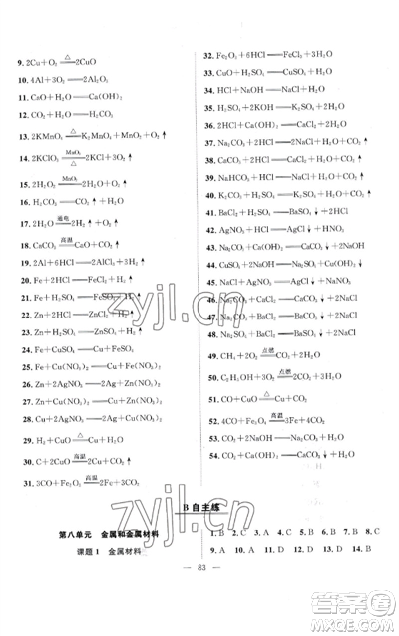 長江少年兒童出版社2023優(yōu)質(zhì)課堂導(dǎo)學(xué)案B課后作業(yè)九年級化學(xué)下冊人教版參考答案