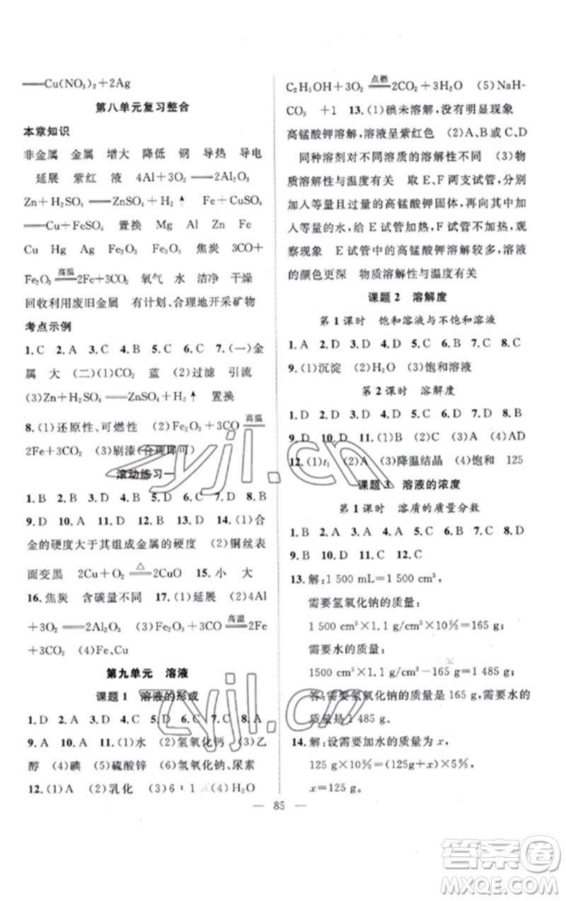 長江少年兒童出版社2023優(yōu)質(zhì)課堂導(dǎo)學(xué)案B課后作業(yè)九年級化學(xué)下冊人教版參考答案