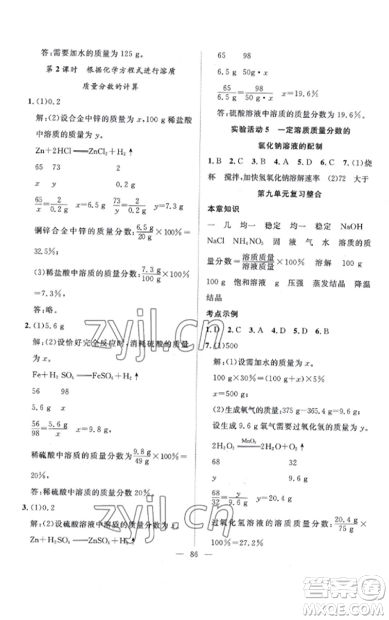 長江少年兒童出版社2023優(yōu)質(zhì)課堂導(dǎo)學(xué)案B課后作業(yè)九年級化學(xué)下冊人教版參考答案