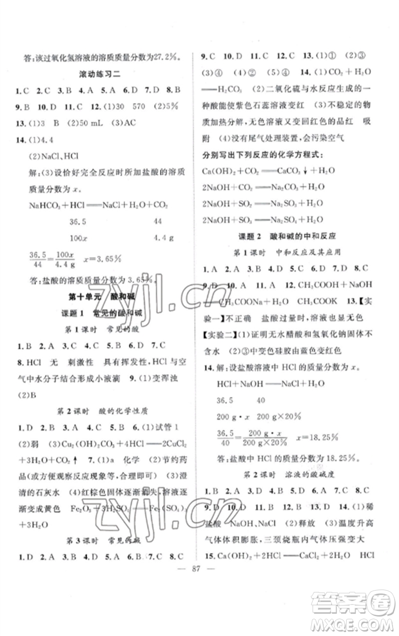 長江少年兒童出版社2023優(yōu)質(zhì)課堂導(dǎo)學(xué)案B課后作業(yè)九年級化學(xué)下冊人教版參考答案