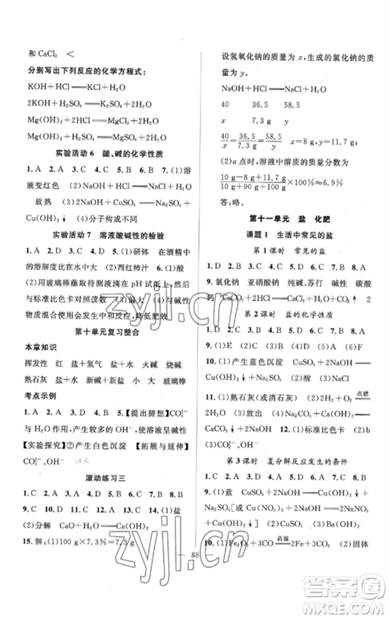 長江少年兒童出版社2023優(yōu)質(zhì)課堂導(dǎo)學(xué)案B課后作業(yè)九年級化學(xué)下冊人教版參考答案