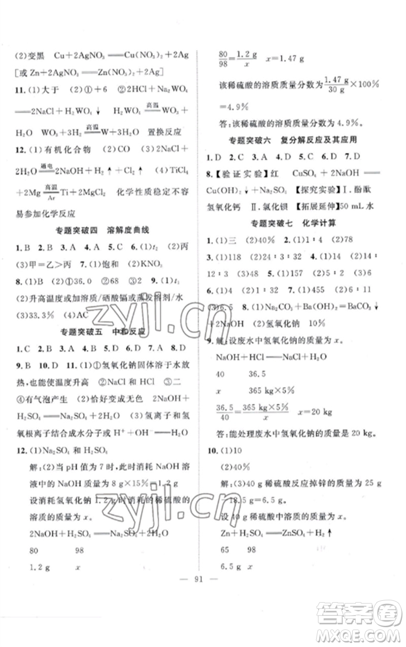 長江少年兒童出版社2023優(yōu)質(zhì)課堂導(dǎo)學(xué)案B課后作業(yè)九年級化學(xué)下冊人教版參考答案