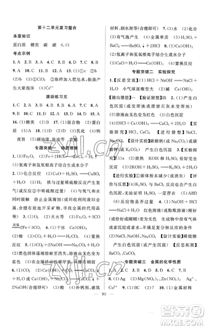 長江少年兒童出版社2023優(yōu)質(zhì)課堂導(dǎo)學(xué)案B課后作業(yè)九年級化學(xué)下冊人教版參考答案