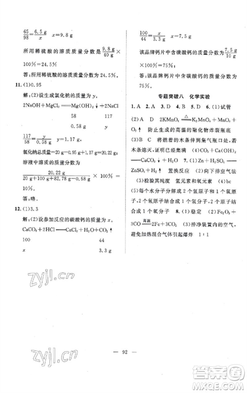 長江少年兒童出版社2023優(yōu)質(zhì)課堂導(dǎo)學(xué)案B課后作業(yè)九年級化學(xué)下冊人教版參考答案