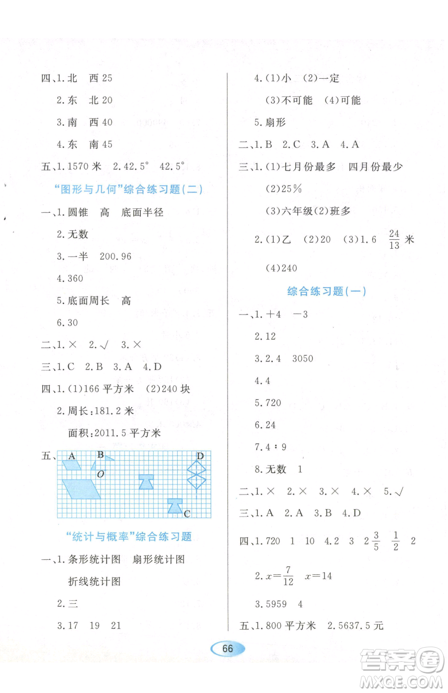 黑龍江教育出版社2023資源與評(píng)價(jià)六年級(jí)下冊(cè)數(shù)學(xué)人教版參考答案