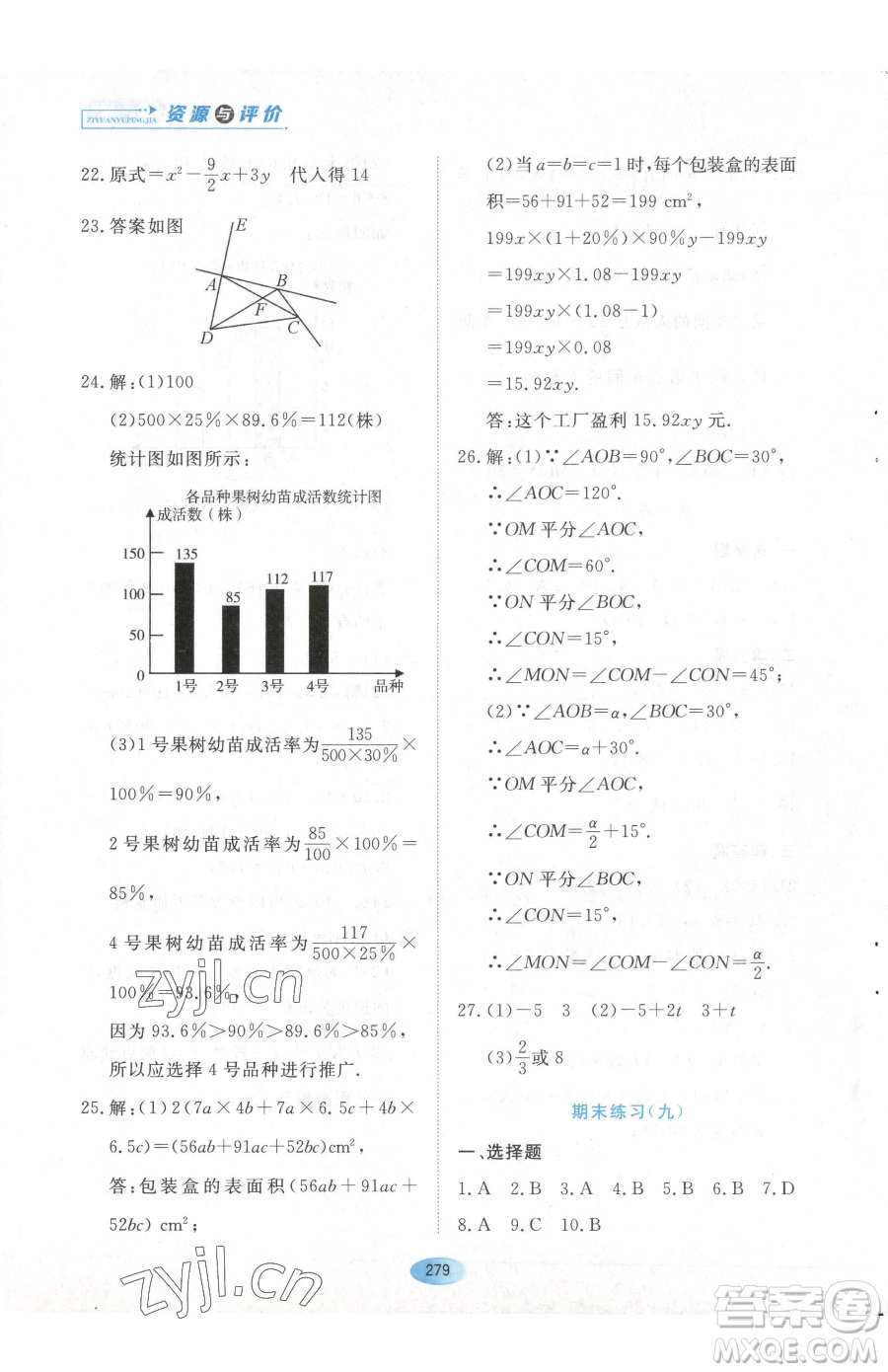 黑龍江教育出版社2023資源與評價六年級下冊數學人教版54制參考答案