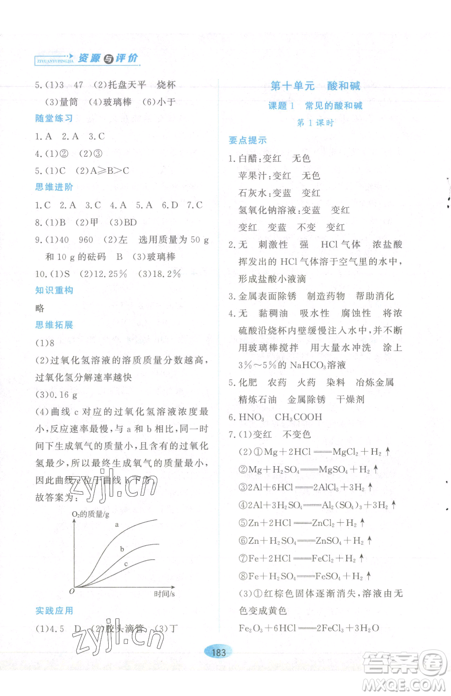 黑龍江教育出版社2023資源與評價(jià)九年級下冊化學(xué)人教版參考答案