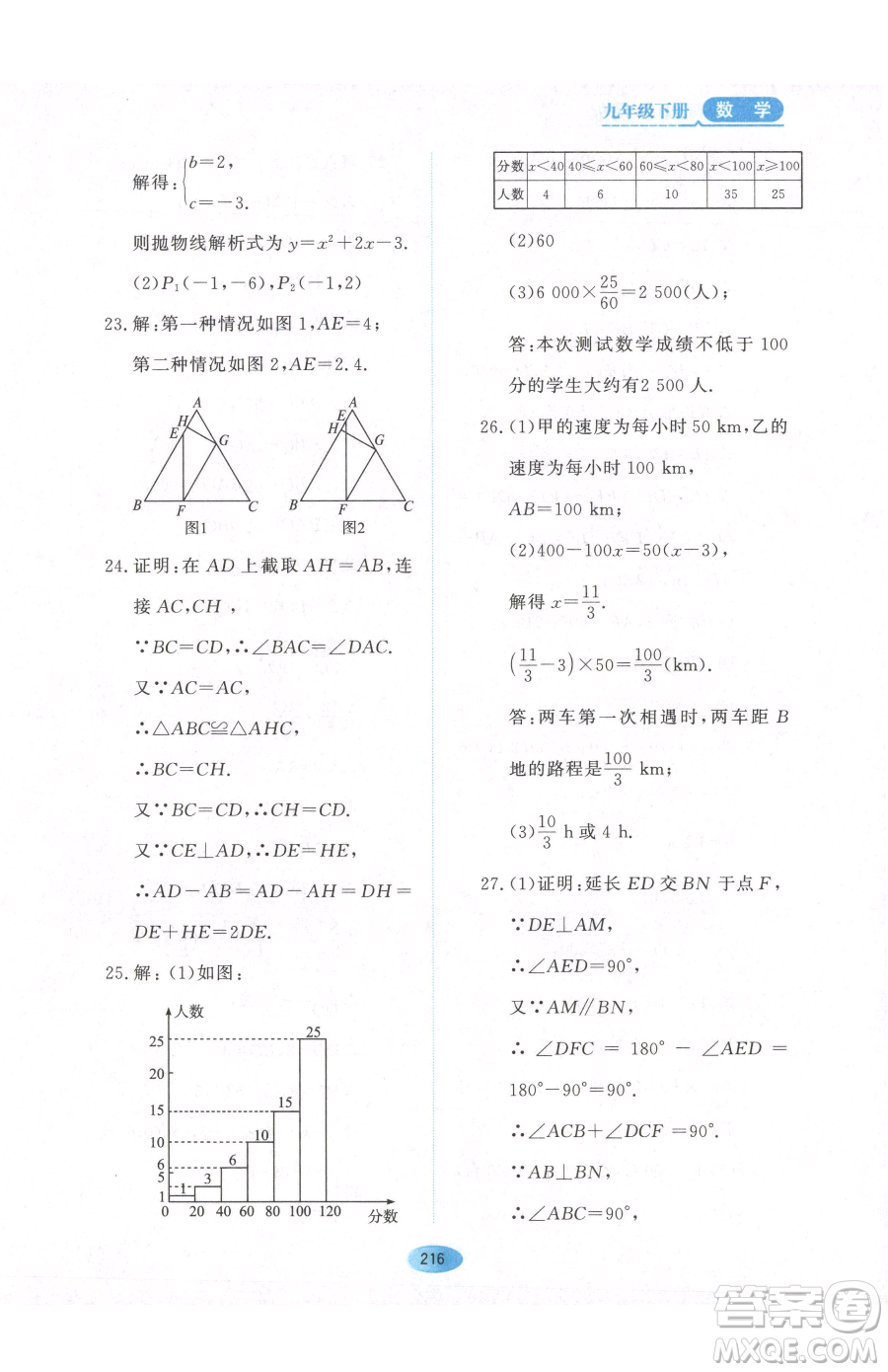 黑龍江教育出版社2023資源與評價九年級下冊數(shù)學(xué)人教版參考答案