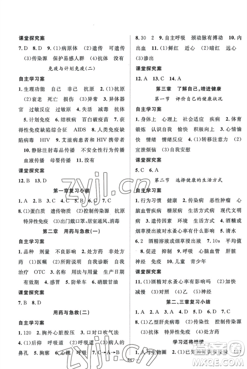 長江少年兒童出版社2023優(yōu)質(zhì)課堂導(dǎo)學(xué)案B自主作業(yè)八年級生物下冊人教版參考答案