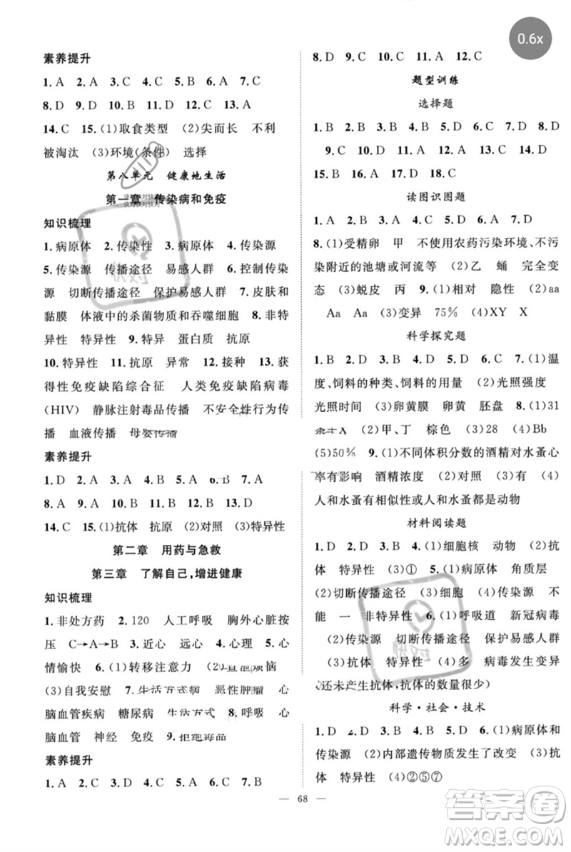 長江少年兒童出版社2023優(yōu)質(zhì)課堂導(dǎo)學(xué)案B自主作業(yè)八年級生物下冊人教版參考答案