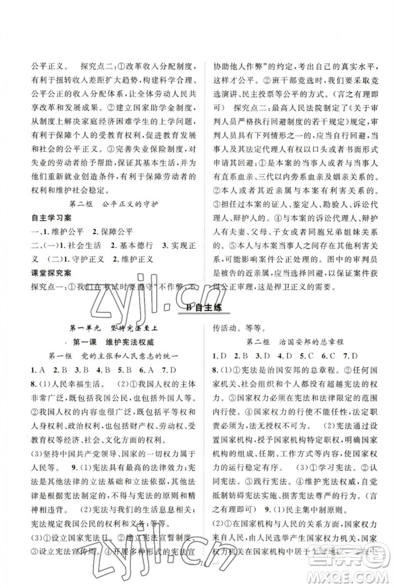 長江少年兒童出版社2023優(yōu)質(zhì)課堂導(dǎo)學(xué)案B自主作業(yè)八年級道德與法治下冊人教版參考答案