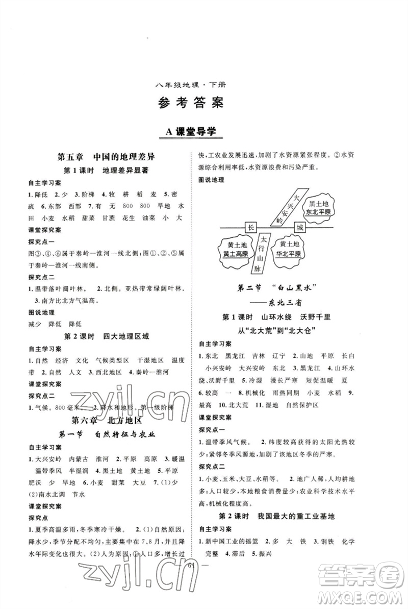 長(zhǎng)江少年兒童出版社2023優(yōu)質(zhì)課堂導(dǎo)學(xué)案B課后作業(yè)八年級(jí)地理下冊(cè)人教版參考答案