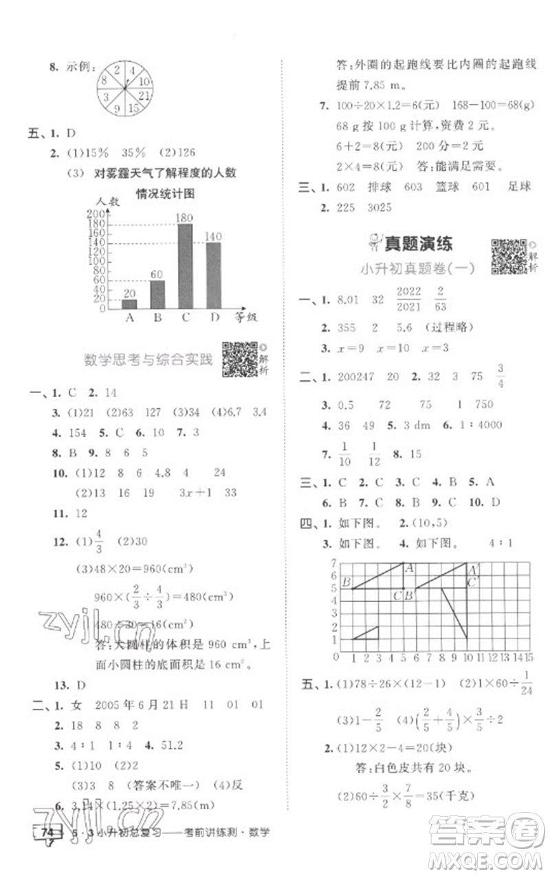 首都師范大學出版社2023年53小升初總復習考前講練測六年級數(shù)學全冊人教版參考答案