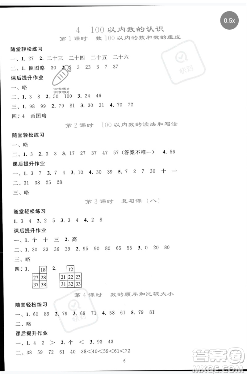 人民教育出版社2023同步輕松練習(xí)一年級數(shù)學(xué)下冊人教版參考答案