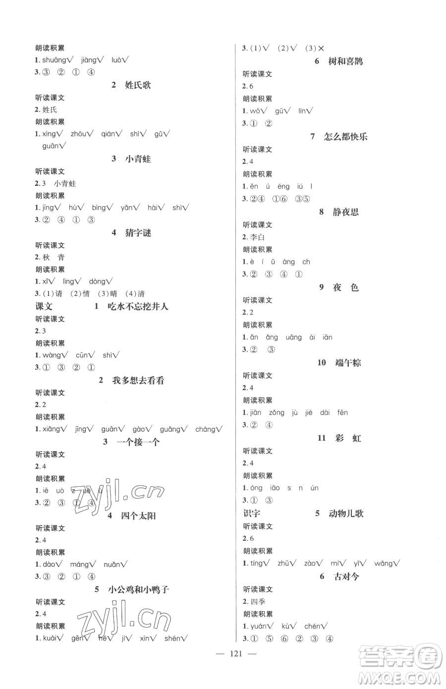 廣東經(jīng)濟出版社2023名師測控一年級下冊語文人教版浙江專版參考答案