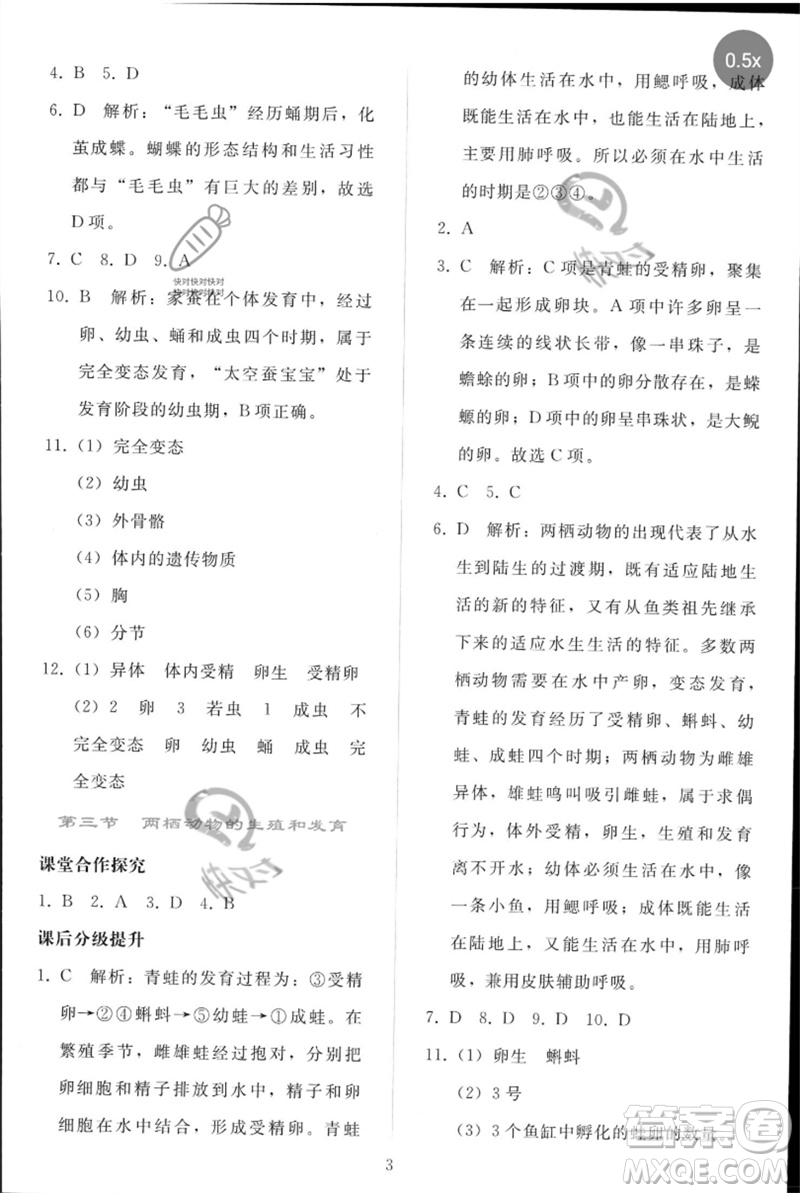 人民教育出版社2023同步輕松練習(xí)八年級生物下冊人教版參考答案