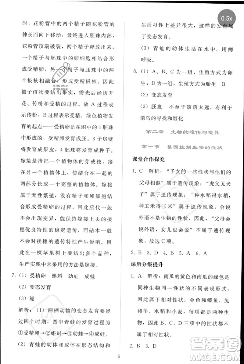 人民教育出版社2023同步輕松練習(xí)八年級生物下冊人教版參考答案