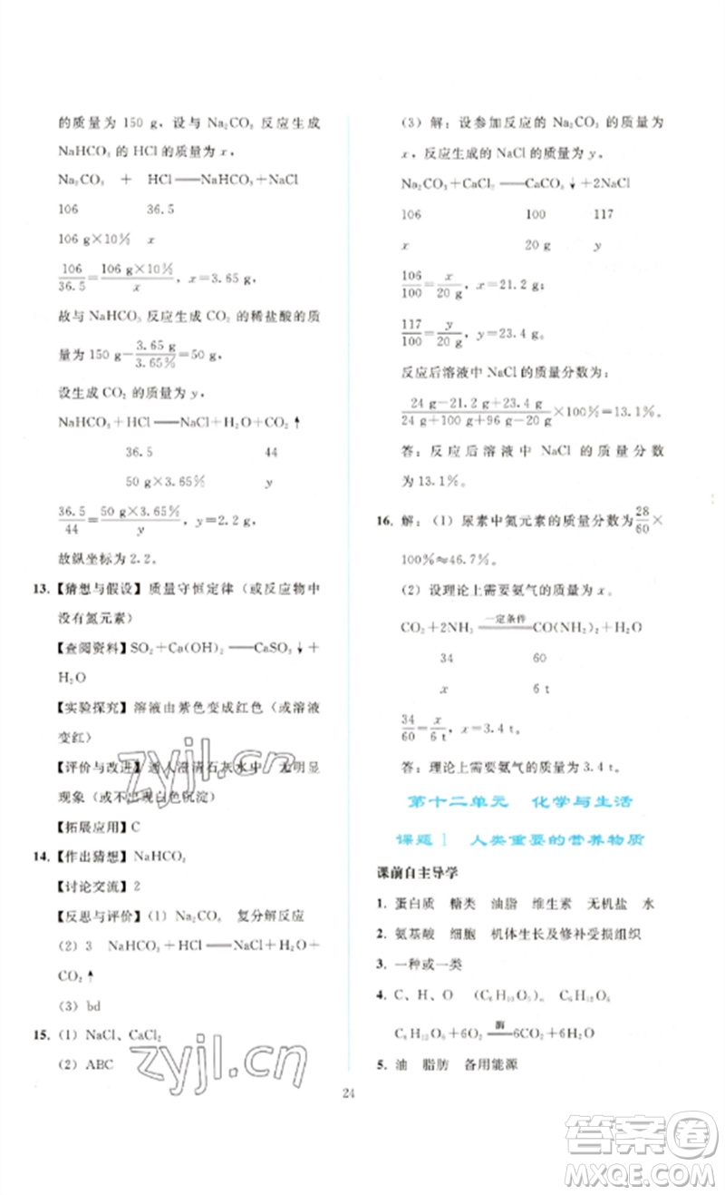 人民教育出版社2023同步輕松練習九年級化學下冊人教版參考答案