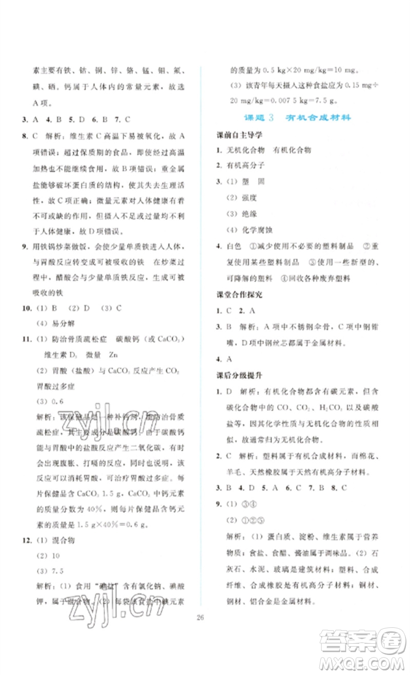 人民教育出版社2023同步輕松練習九年級化學下冊人教版參考答案