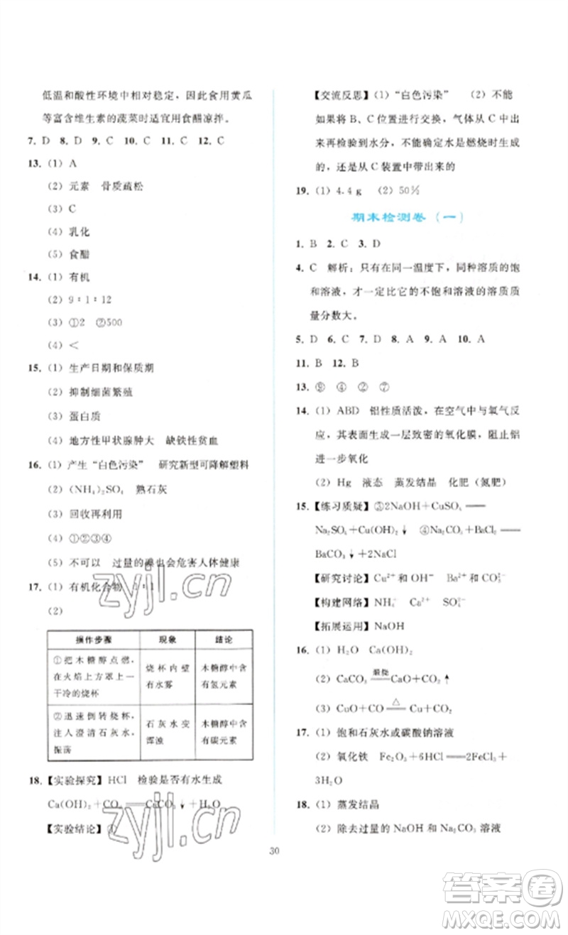 人民教育出版社2023同步輕松練習九年級化學下冊人教版參考答案