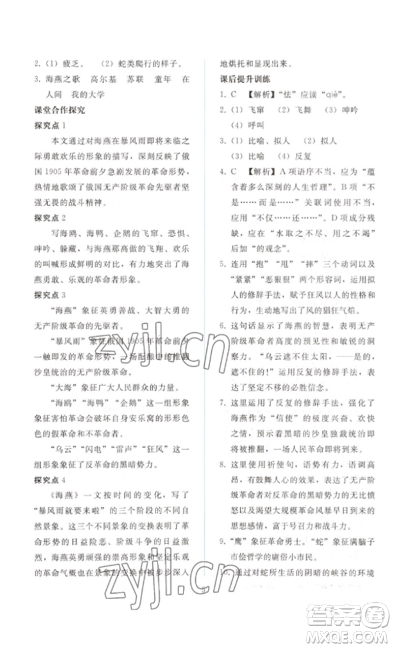 人民教育出版社2023同步輕松練習九年級語文下冊人教版參考答案