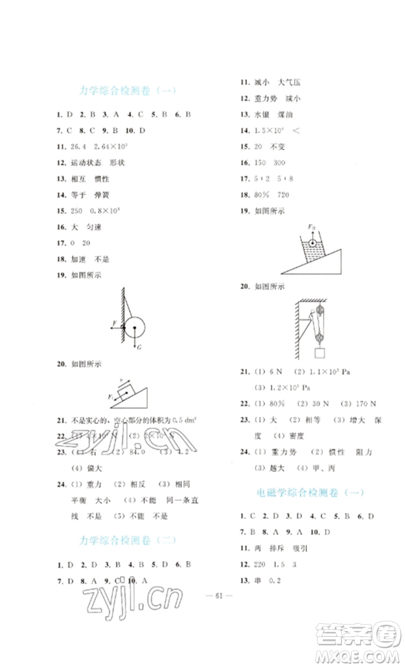 人民教育出版社2023同步輕松練習(xí)九年級(jí)物理總復(fù)習(xí)人教版參考答案