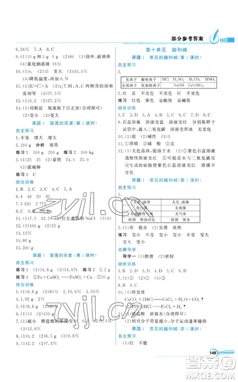 廣東教育出版社2023同步導學與優(yōu)化訓練九年級化學下冊人教版參考答案