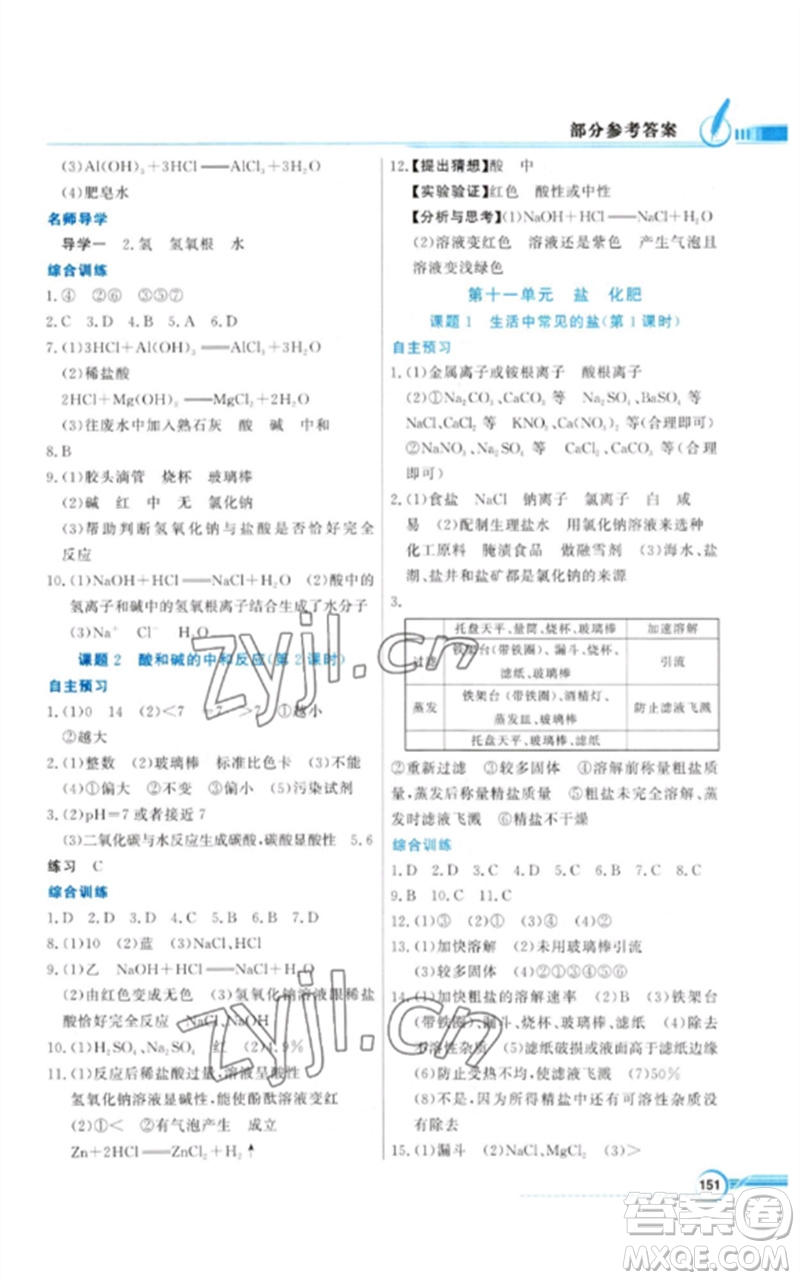 廣東教育出版社2023同步導學與優(yōu)化訓練九年級化學下冊人教版參考答案