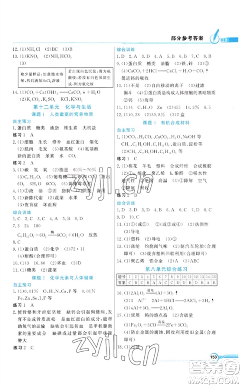 廣東教育出版社2023同步導學與優(yōu)化訓練九年級化學下冊人教版參考答案