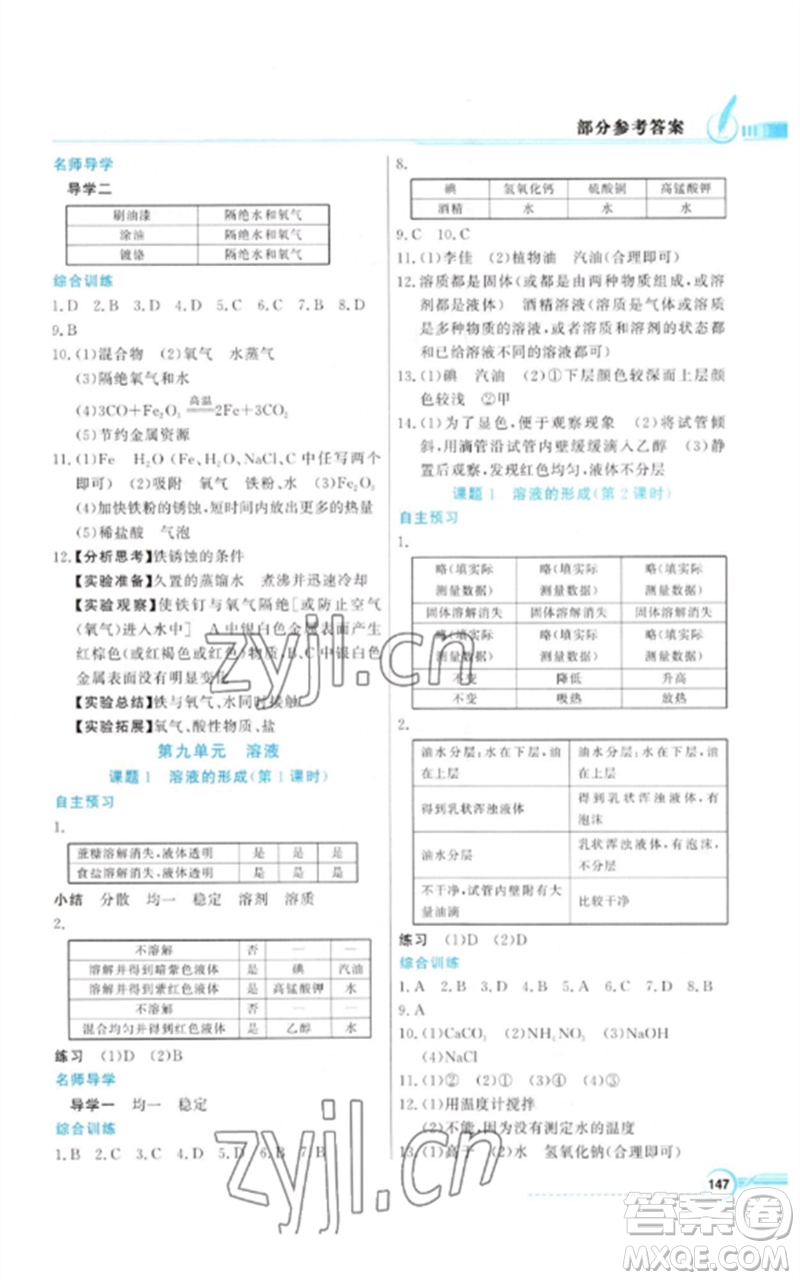 廣東教育出版社2023同步導學與優(yōu)化訓練九年級化學下冊人教版參考答案