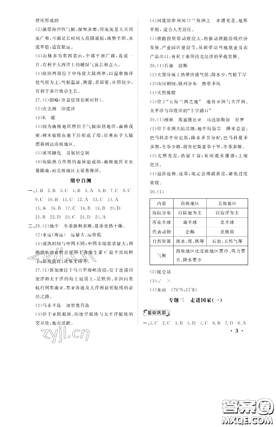 山東人民出版社2023初中卷行知天下七年級(jí)下冊(cè)地理湘教版參考答案