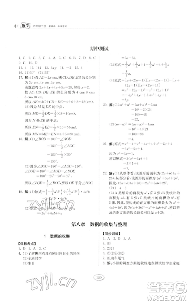 山東科學(xué)技術(shù)出版社2023初中同步練習(xí)冊六年級數(shù)學(xué)下冊魯教版五四制參考答案