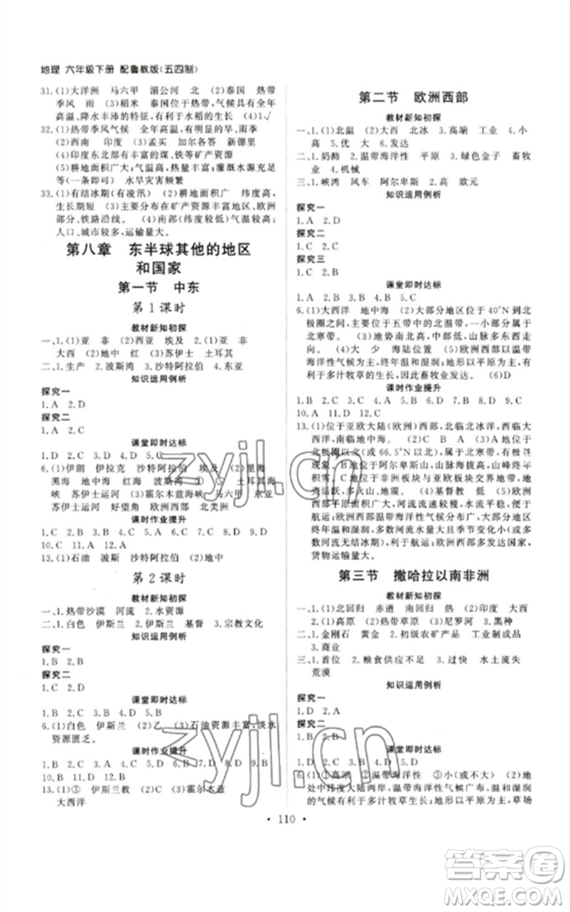 山東人民出版社2023初中同步練習(xí)冊(cè)六年級(jí)地理下冊(cè)魯教版五四制版參考答案