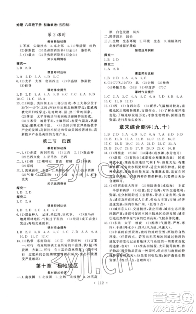 山東人民出版社2023初中同步練習(xí)冊(cè)六年級(jí)地理下冊(cè)魯教版五四制版參考答案