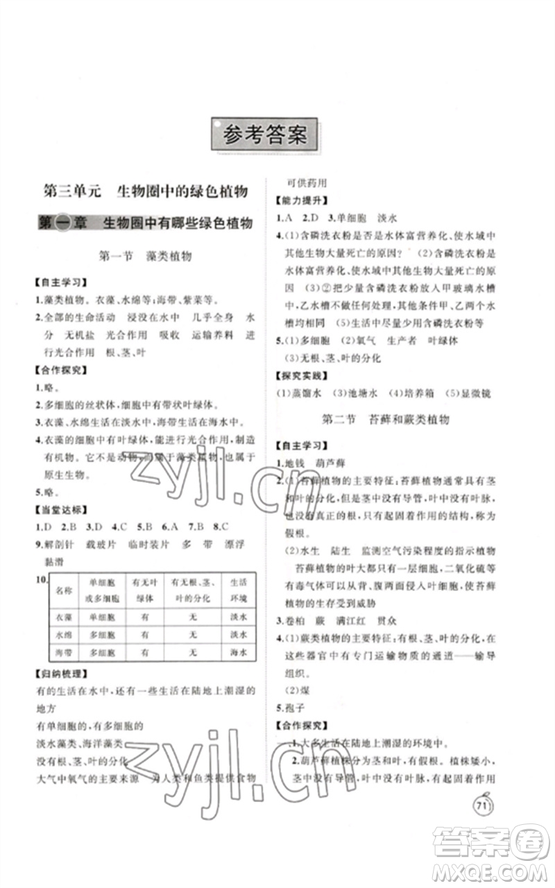 山東友誼出版社2023初中同步練習冊六年級生物下冊魯科版五四制參考答案