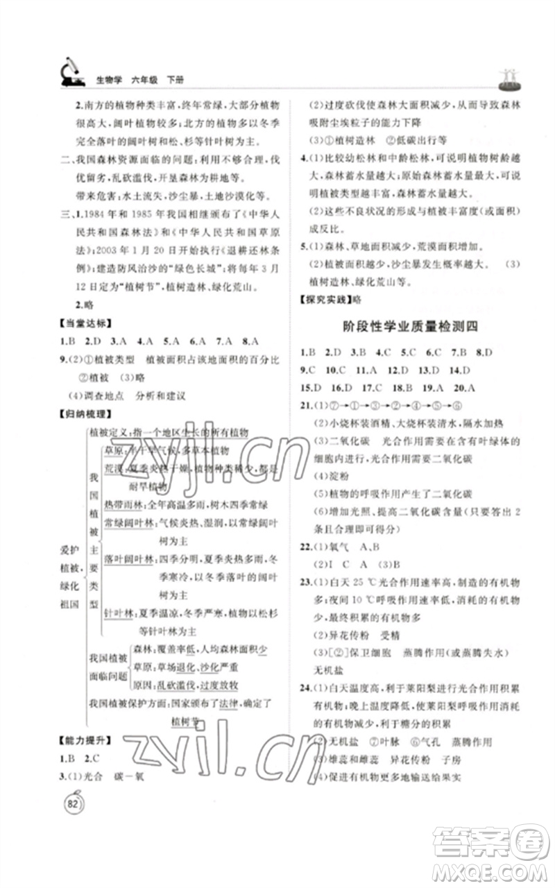 山東友誼出版社2023初中同步練習冊六年級生物下冊魯科版五四制參考答案