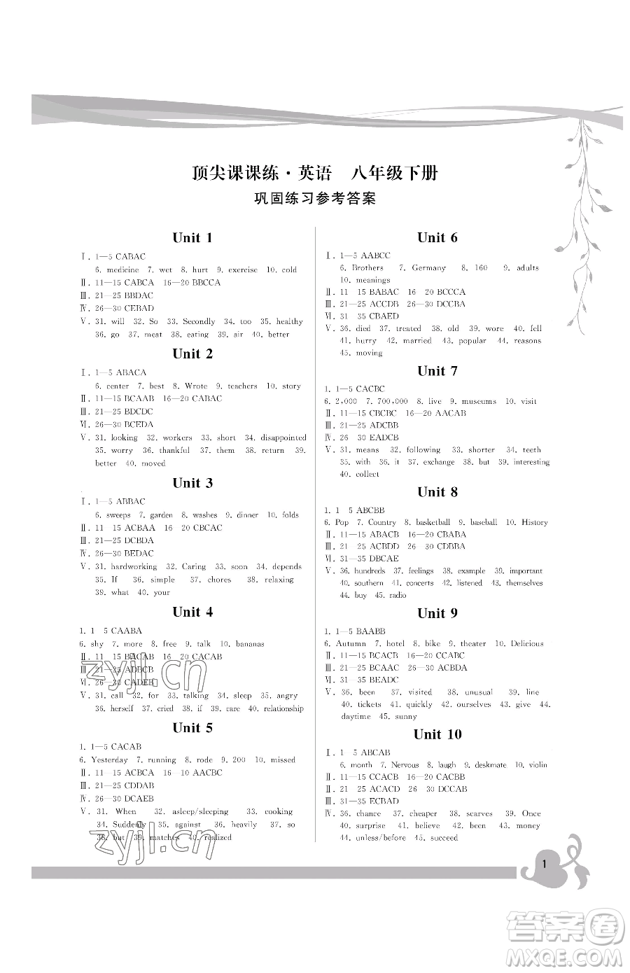 福建人民出版社2023頂尖課課練八年級下冊英語人教版參考答案