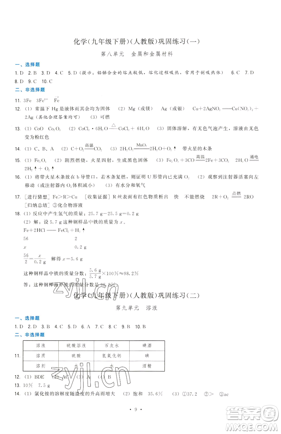 福建人民出版社2023頂尖課課練九年級下冊化學(xué)人教版參考答案