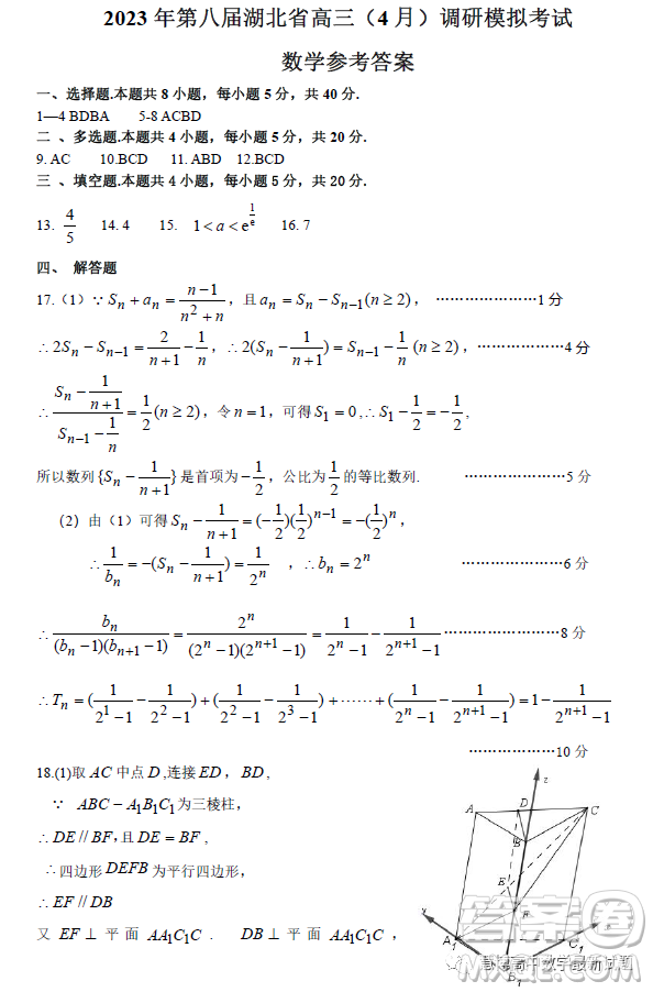 2023第八屆湖北省高三4月調(diào)研模擬考試數(shù)學(xué)試卷答案