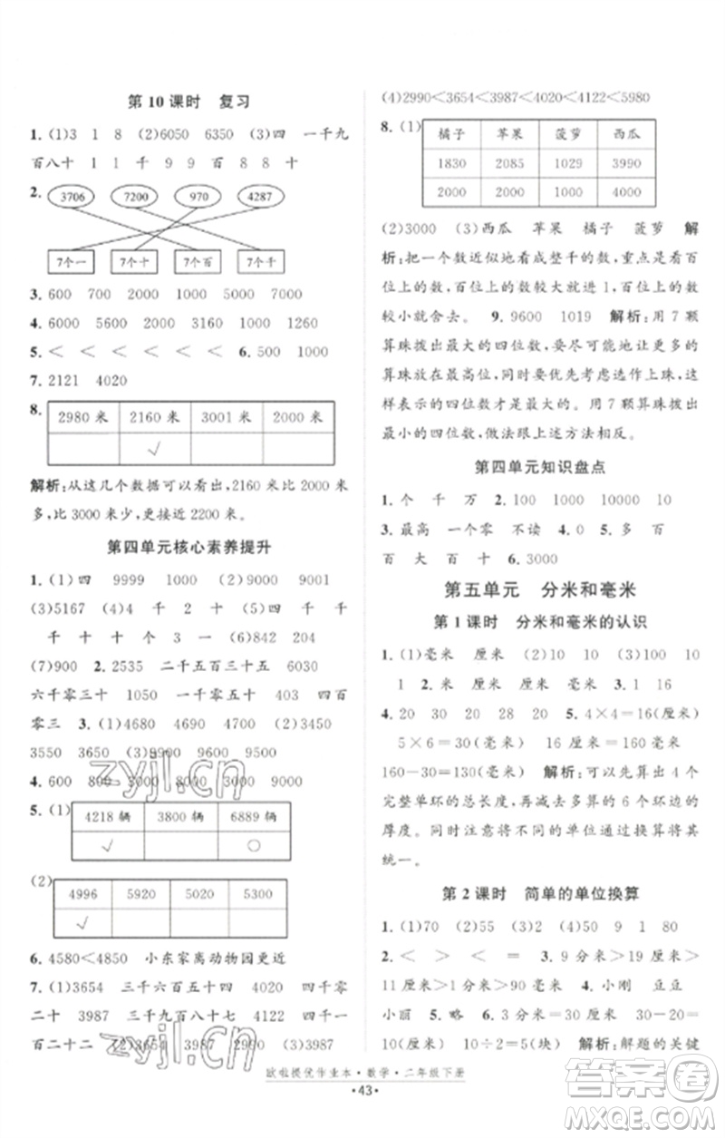 江蘇鳳凰美術(shù)出版社2023歐啦提優(yōu)作業(yè)本二年級(jí)數(shù)學(xué)下冊(cè)蘇教版參考答案