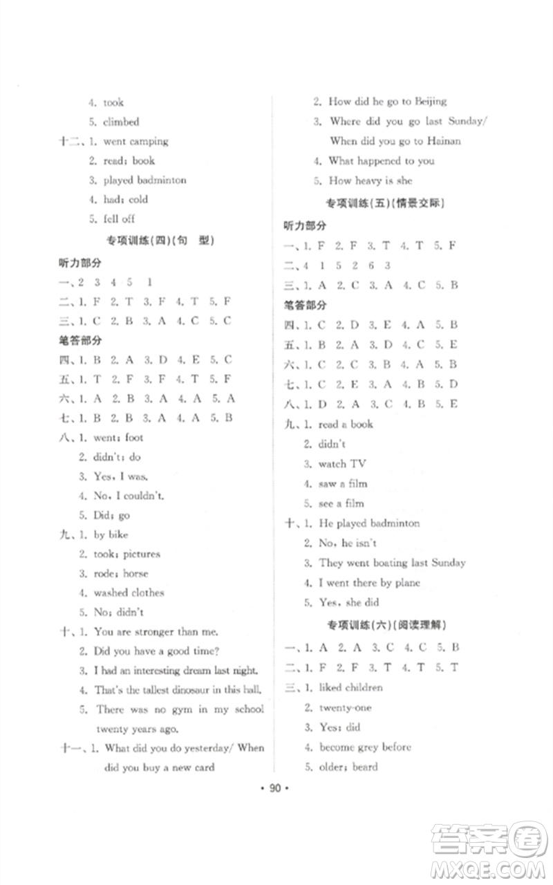 山東教育出版社2023金鑰匙小學英語試卷基礎(chǔ)練六年級下冊人教版參考答案