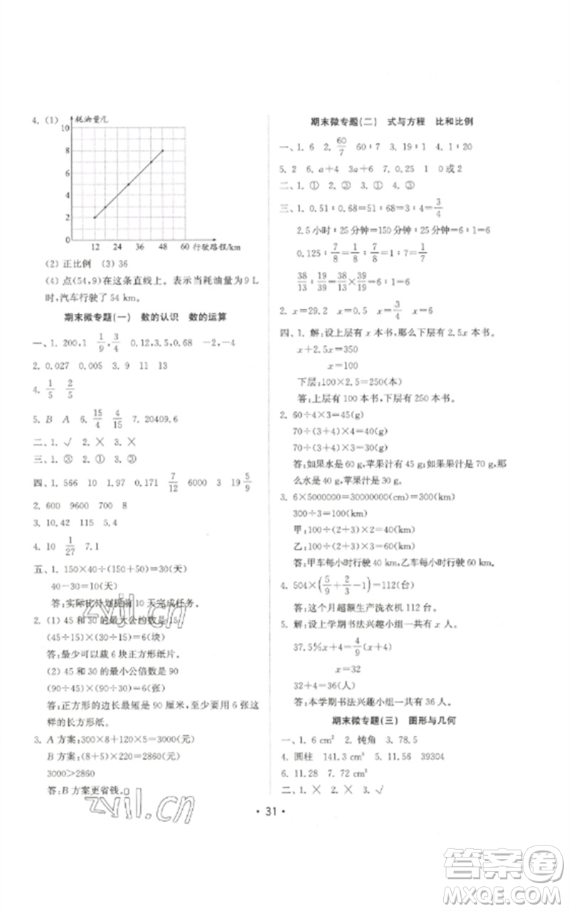 山東教育出版社2023金鑰匙小學數學試卷基礎練六年級下冊人教版參考答案