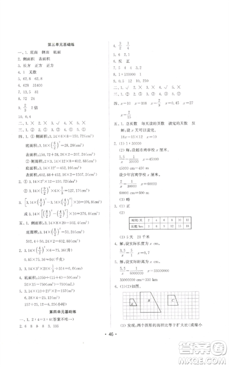 山東教育出版社2023金鑰匙小學數學試卷基礎練六年級下冊人教版參考答案